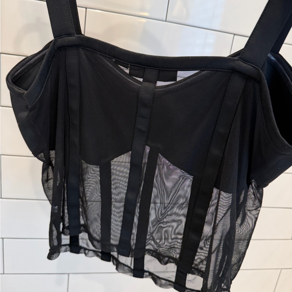 New York & Co Black Sheer Mesh Corset-Style Bustier Tank  Top